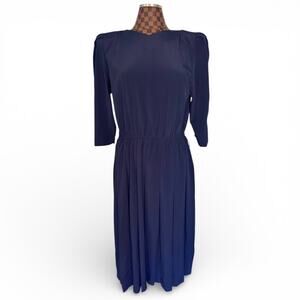Pellini by Von Bramlett Navy Blue Midi Dress Size 14 Puff Sleeve Vtg 80s Retro